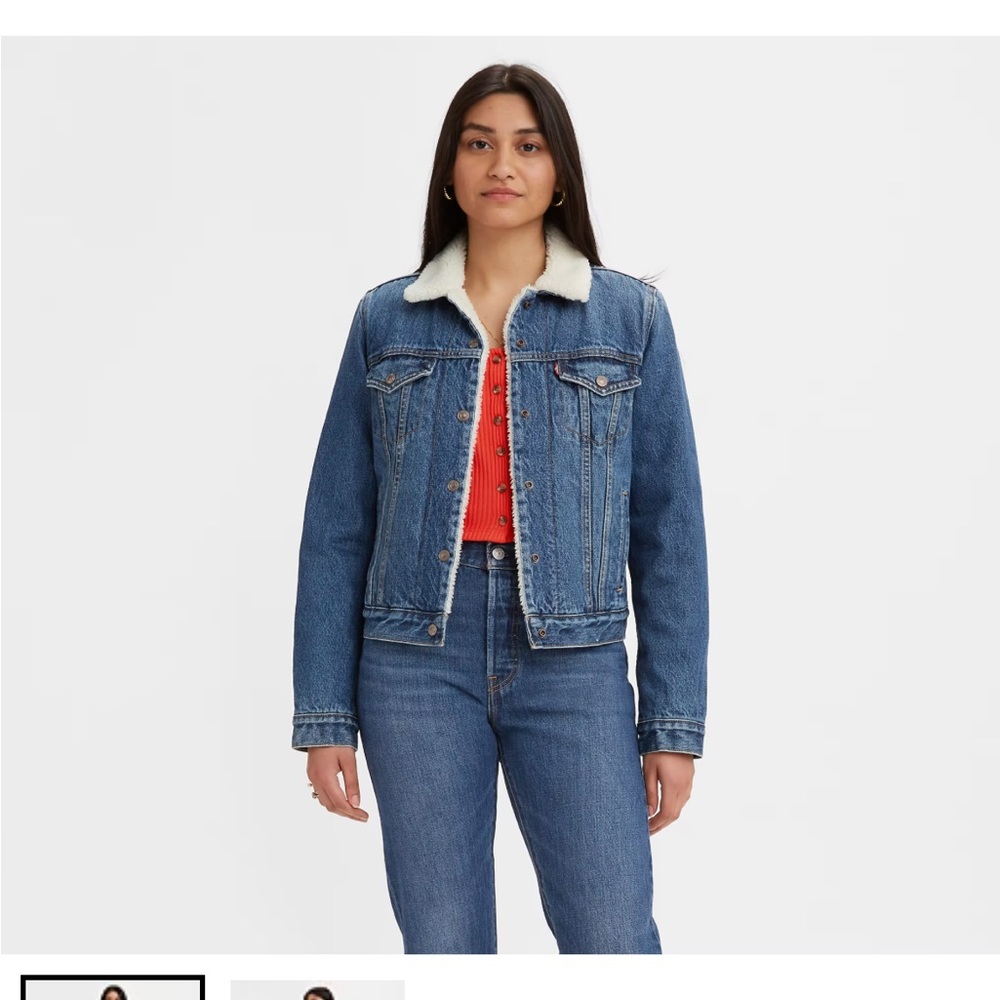 Levi's Blue Denim Jacket with White Sherpa Collar and Red Top